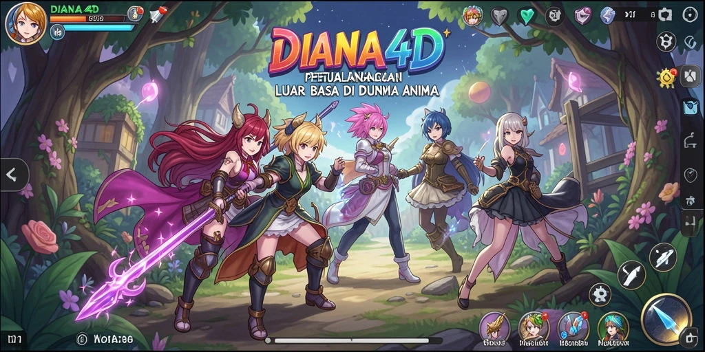 Screenshot permainan DIANA4D dengan karakter anime yang dinamis.