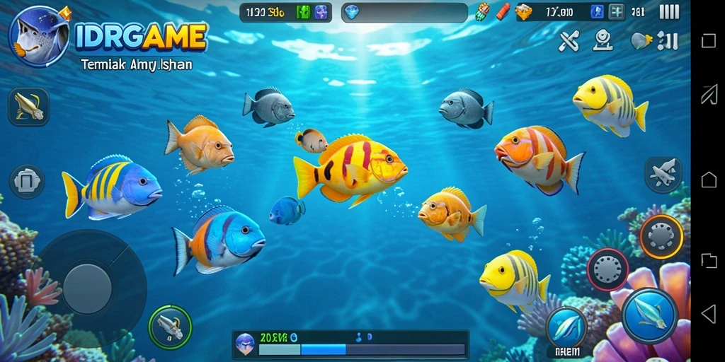 Tampilan gameplay seru dalam IDRGAME, menunjukkan aksi menembak ikan.