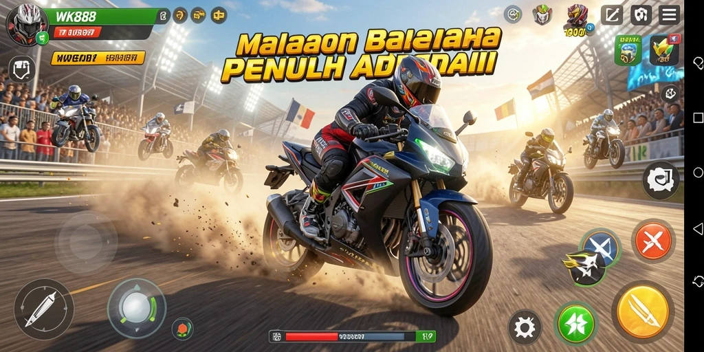 Gameplay seru balapan motor di trek menantang.